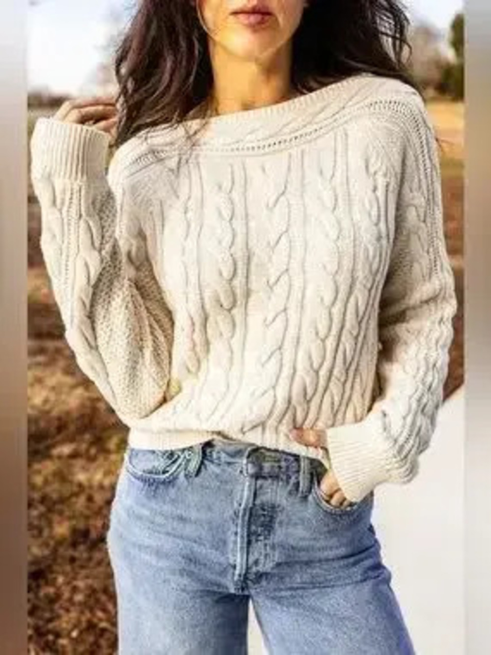 Drop Shoulder Round Neck Cable Knit Sweater - Picture 2 of 9